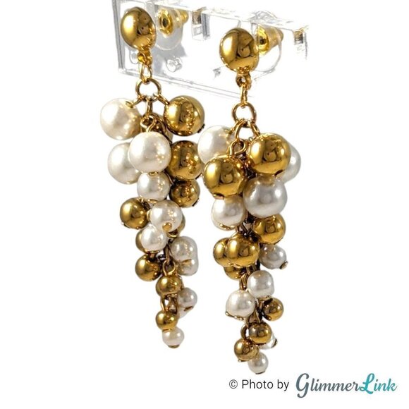 Vintage Two Tone Faux Pearl Grapevine Cluster Dangle Gold Tone Pierced Earrings - Picture 4 of 7